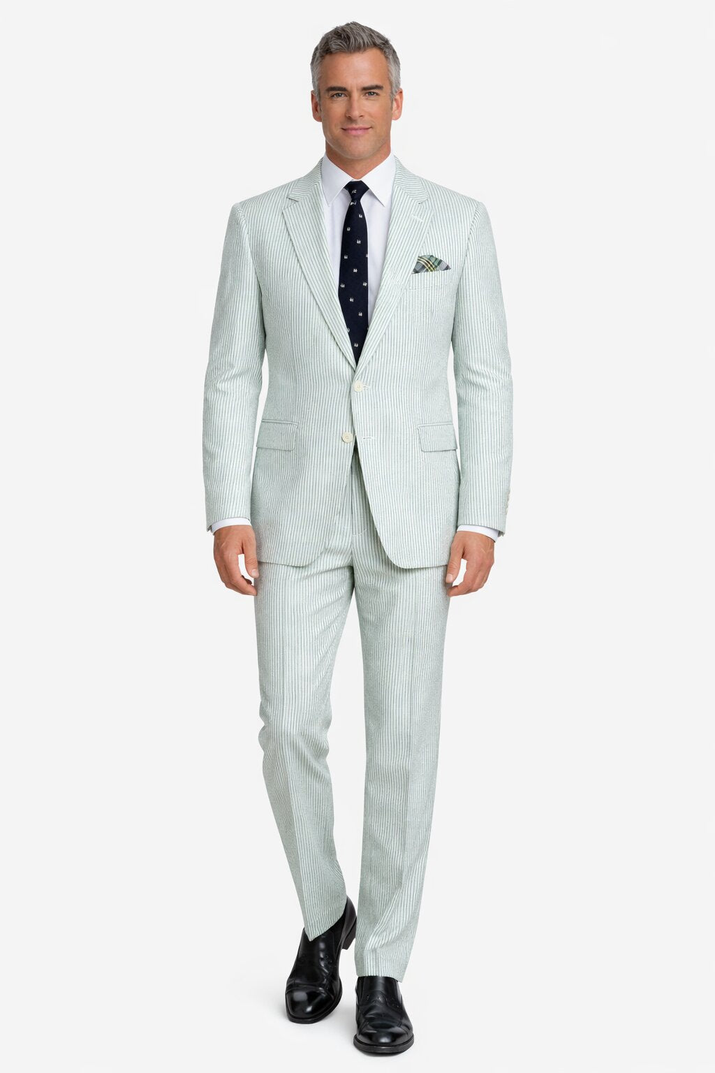 Men’s White and Black Seersucker Suit – Classic Lightweight Striped Summer Suit for Weddings and Formal Events