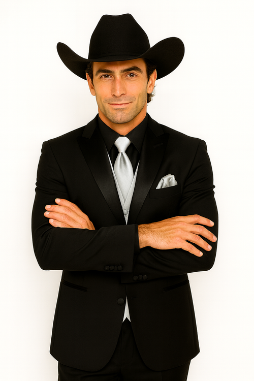 Men 2 Button Trim Cowboy in Black Cowboy Suit - Country Wedding Suits