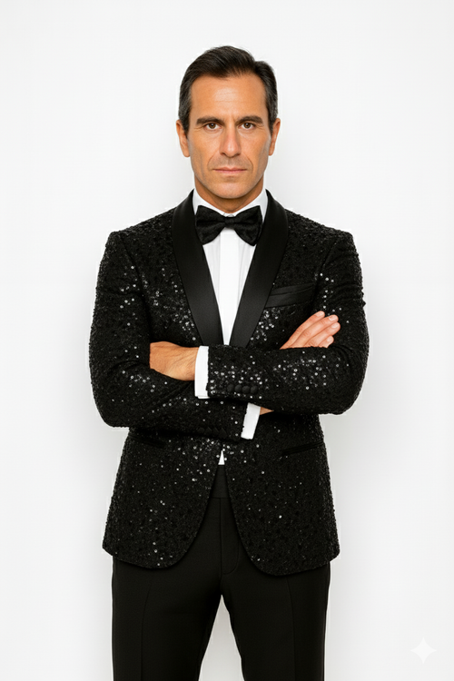 Men's Sharkskin Flashy Stage Shiny Sequin Paisley Blazer Dinner Jacket 1 Button Black Sport Coat Jacket