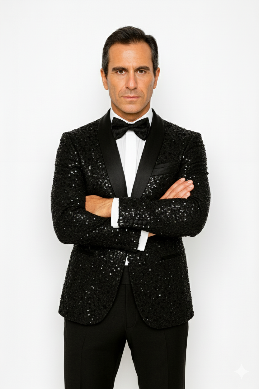 Men's Sharkskin Flashy Stage Shiny Sequin Paisley Blazer Dinner Jacket 1 Button Black Sport Coat Jacket