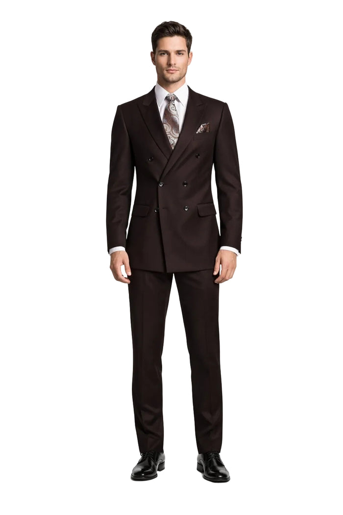 Men's Designer Double Breasted Wool Suit in Brown