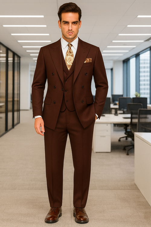 Double Breasted Suits - Vested Suits Wool Fabric - Apolo King Brand - Solid Brown Suit