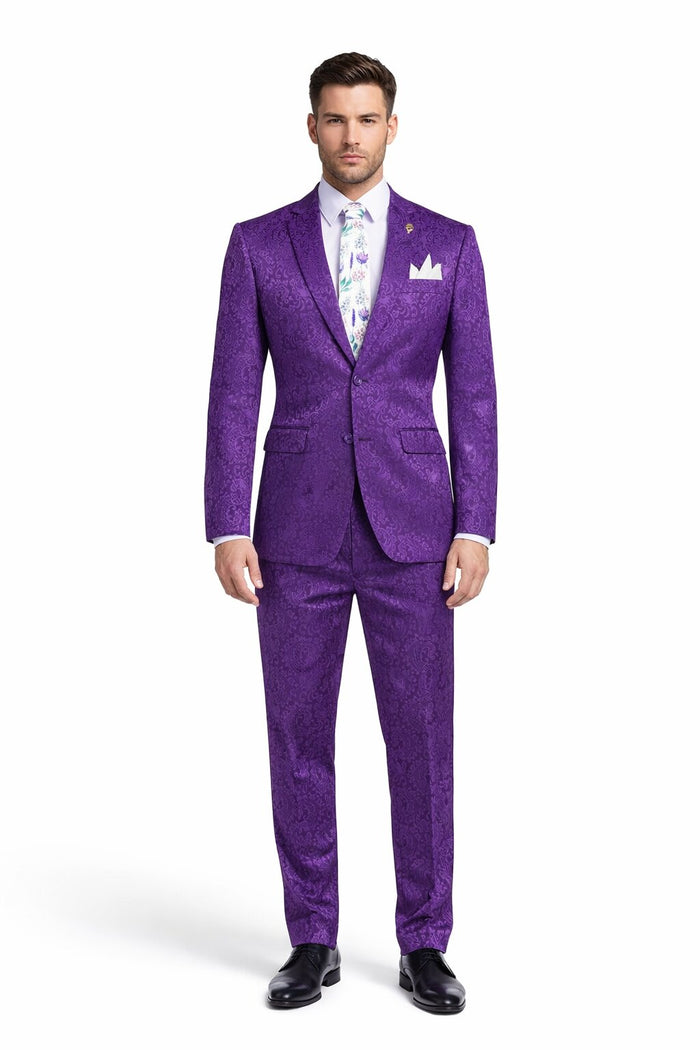 Mens Paisley Pattern Prom Suit – Grape Purple Slim Fit Formal Style
