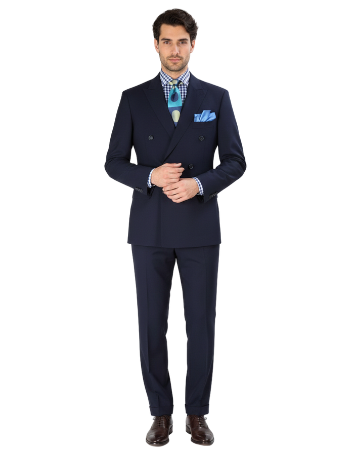 Double Breasted Suits - Vested Suits Wool Fabric - Apolo King Brand - Navy Suit