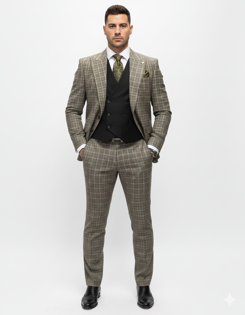 Statement Suits - Wool Suits - Peak Lapel Suits - Ticket Pocket - Modern Fit - Olive Suit
