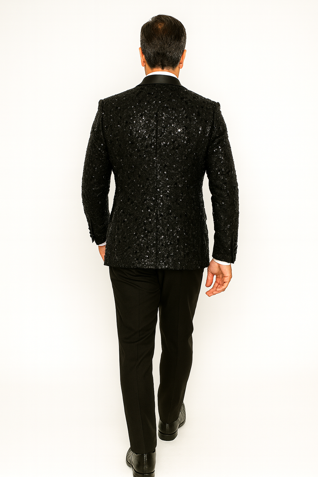 Men's Sharkskin Flashy Stage Shiny Sequin Paisley Blazer Dinner Jacket 1 Button Black Sport Coat Jacket