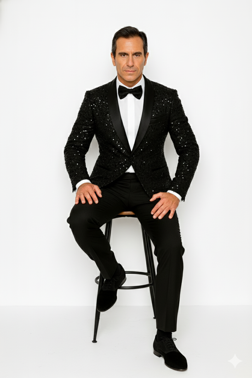 Men's Sharkskin Flashy Stage Shiny Sequin Paisley Blazer Dinner Jacket 1 Button Black Sport Coat Jacket