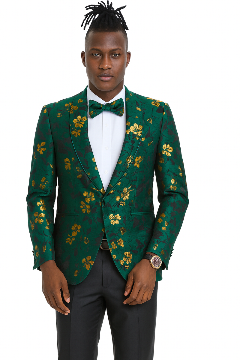Hunter green men's slim fit tuxedo jacket. Gold & dark green paisley pattern, satin shawl lapel, and two front pockets.
