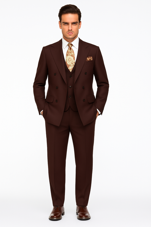 Double Breasted Suits - Vested Suits Wool Fabric - Apolo King Brand - Solid Brown Suit