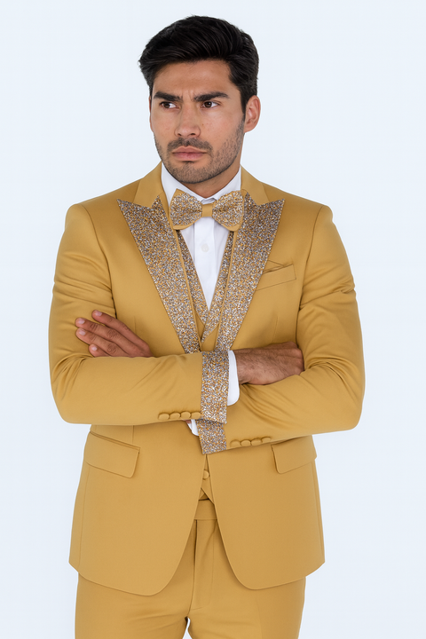 Alberto Nardoni men's champagne gold 4-piece tuxedo: Textured lapels, bowtie, and tailored pants. Features a white dress shirt and slim, modern fit. Perfect for prom or weddings.