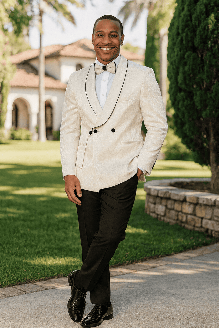 Men's champagne paisley tuxedo by AlbertoNardoni. Three-piece suit: double-breasted jacket (black piping), black trousers, white shirt. Bow tie & shiny black shoes complete the look.
