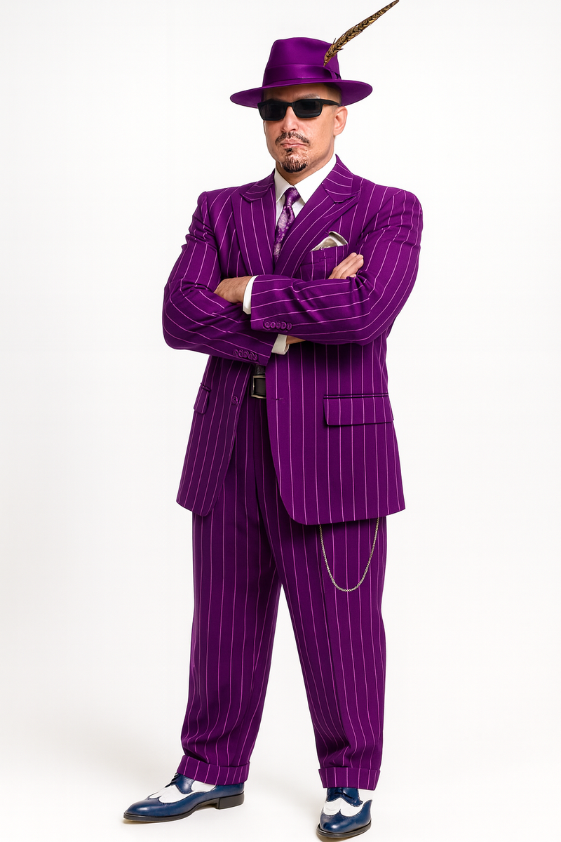 Purple pinstripe zoot suit: jacket, pants, and vest with white stripes. Features notched lapel, loose-fit trousers, and cuffed hems. Includes a hat with feather and sunglasses.
