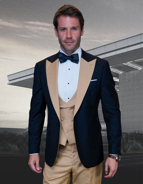Men's gold tuxedo: Black jacket with wide gold peak lapel. Includes a white shirt & gold vest. Gold pants complete the structured, coordinating formal look.
