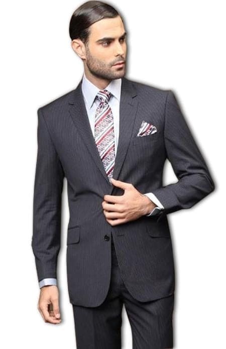 Pick Stitch Collar Slanted Pocket 2 Button Dark Navy Blue Stripe ~ Pinstripe Slim Suit