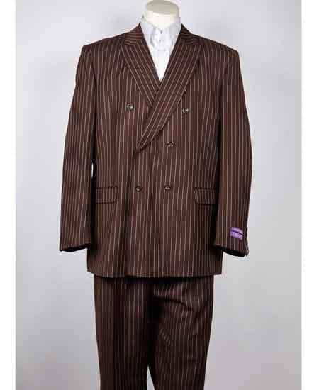 Double breasted Pinstripe Suit - Men's Classic Fit Double Breasted Pinstripe 6 Button Peak Lapel Brown Suit - AlbertoNardoniStore