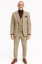 Men's beige plaid 3-piece suit: single-breasted jacket, 5-button vest, tapered trousers. Checkered beige/brown/cream pattern. Textured fabric, notched lapels, pockets. Brown pocket square included.