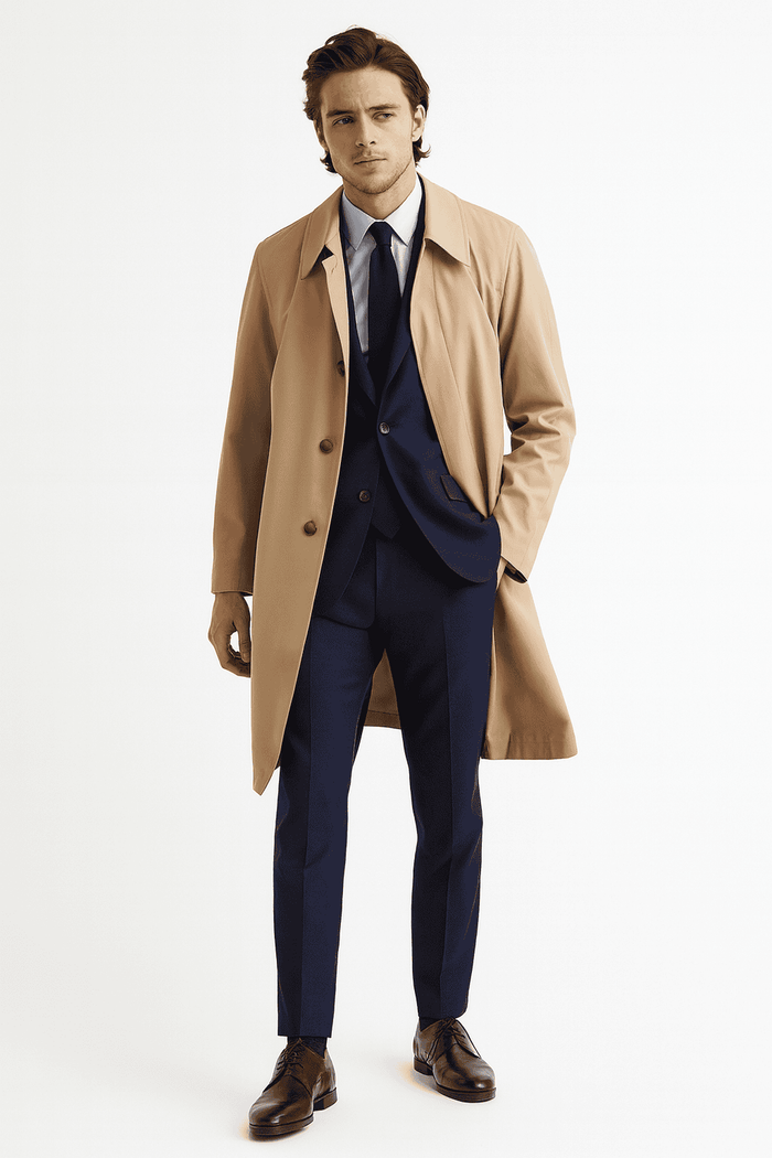 Beige trench coat with classic long overcoat design. Lightweight khaki material, button front, tailored fit, structured shoulders, and single-breasted.
