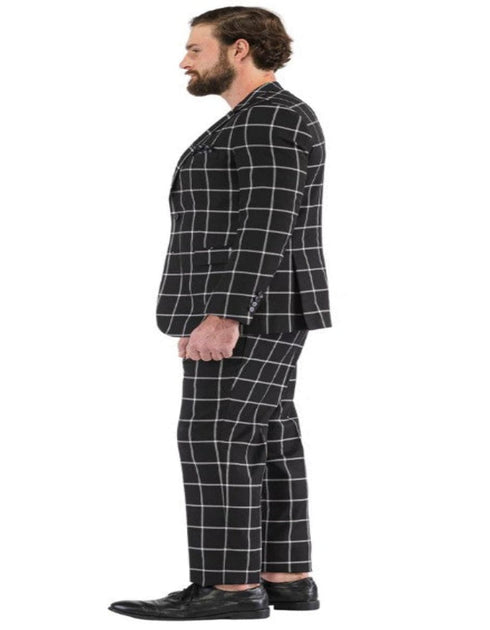 Mens Plaid Suits - Windowpane Pattern With Vest -Business Suit Black