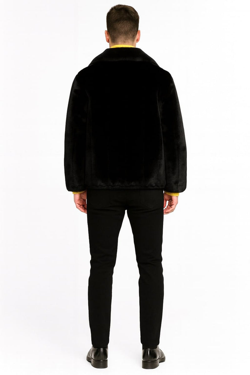 Men's black faux fur jacket. Luxury winter design with soft plush. Zip-up, wide collar, relaxed fit. Dense, uniform material, straight hem, cuffed sleeves.
