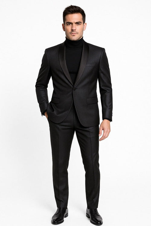 Mens Black Glitter Stripe Tuxedo with Satin Shawl Lapel â€“ Slim Fit Formal Party Suit