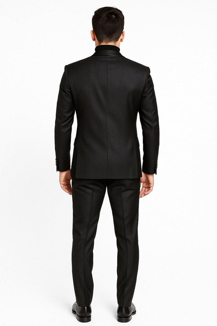 Mens Black Glitter Stripe Tuxedo with Satin Shawl Lapel â€“ Slim Fit Formal Party Suit