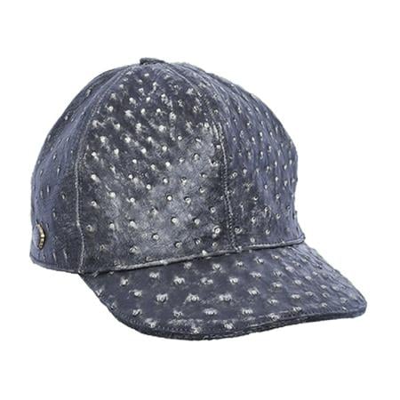 Black ostrich leather baseball cap. Structured, rounded crown & curved brim. Distinct textured surface with small, raised bumps.
