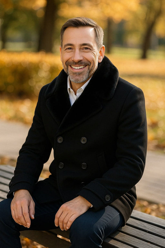 Mens Black Peacoat Wool Overcoat with Faux Fur Shawl Collar Double-Breasted Winter Peacoat