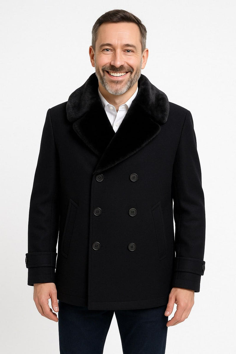 Mens Black Peacoat Wool Overcoat with Faux Fur Shawl Collar Double-Breasted Winter Peacoat