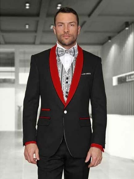 Holiday Suit - Christmas Suit - Christmas Blazer Men's Black/Red Shawl Lapel 1 Button Modern Fit Two Toned Lapel Evening Tuxedos - Red Tuxedo