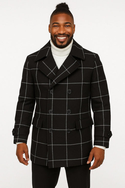 Mens Black Windowpane Check Wool Overcoat â€“ Double-Breasted Winter Peacoat