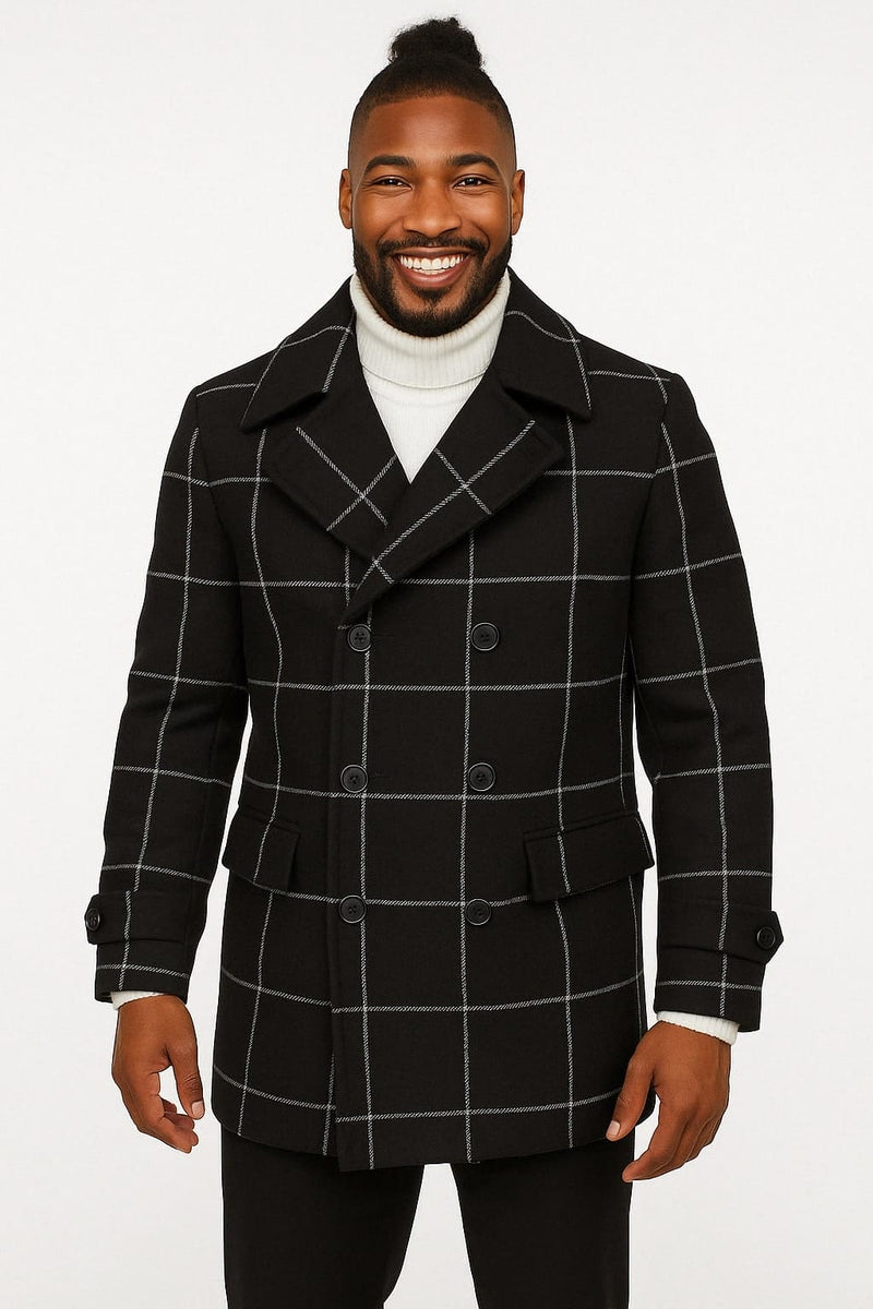 Mens Black Windowpane Check Wool Overcoat Double-Breasted Winter Peacoat