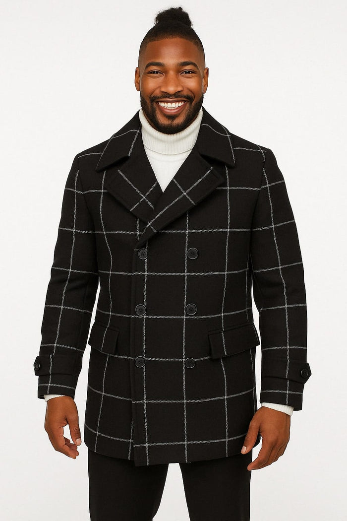 Mens Black Windowpane Check Wool Overcoat Double-Breasted Winter Peacoat