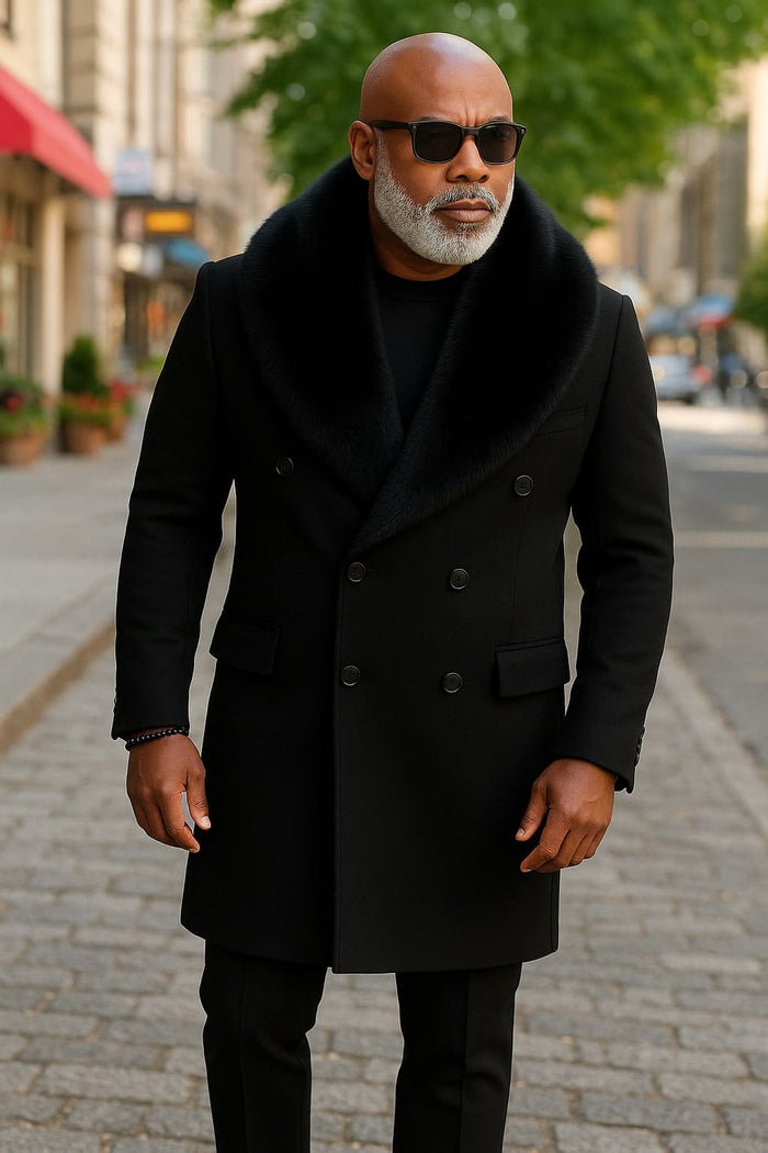 Mens Black Double-Breasted Overcoat with Oversized Faux Fur Collar â€“ Winter Luxury Coat