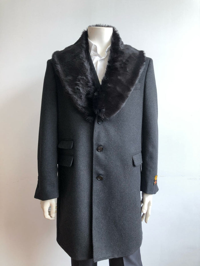 Mens Black Wool Overcoat with Black Faux Fur Collar â€“ Luxury Winter Dress Coat