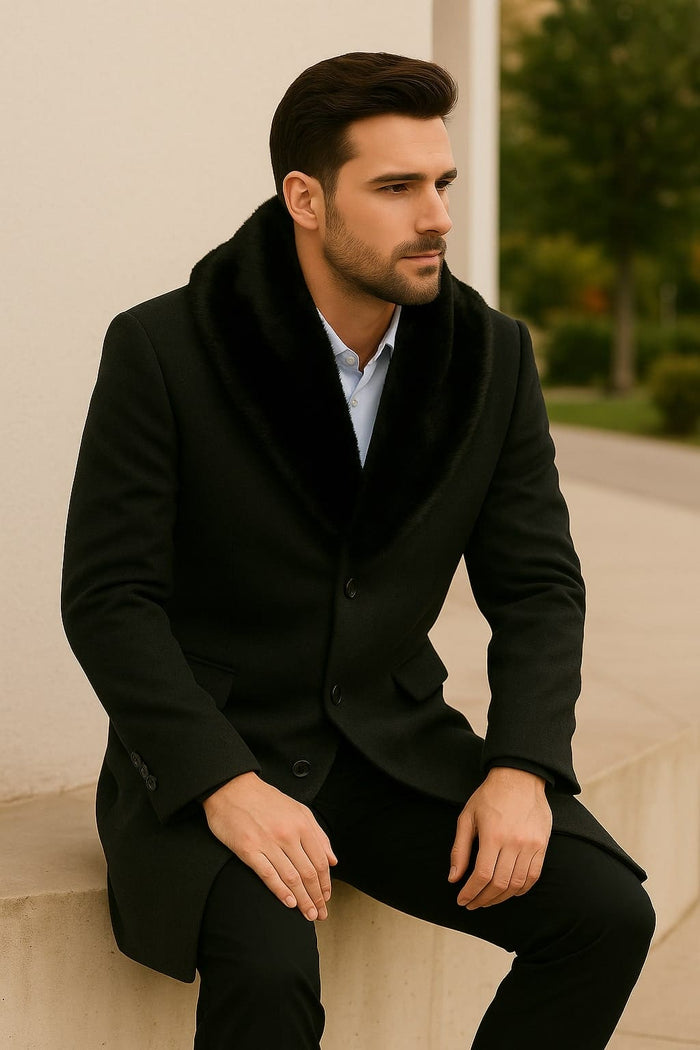 Mens Black Wool Overcoat with Black Faux Fur Collar â€“ Luxury Winter Dress Coat