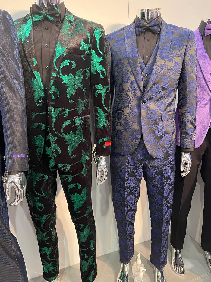 Mens Black and Emerald Green Velvet Floral Tuxedo Suit â€“ Slim Fit 2 Piece Formalwear for Weddings and Events Slim Fitted