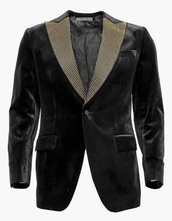 Mens Black and Gold Lapel Tuxedo Dinner Jacket - Black Velvet Blazer Perfect For Prom