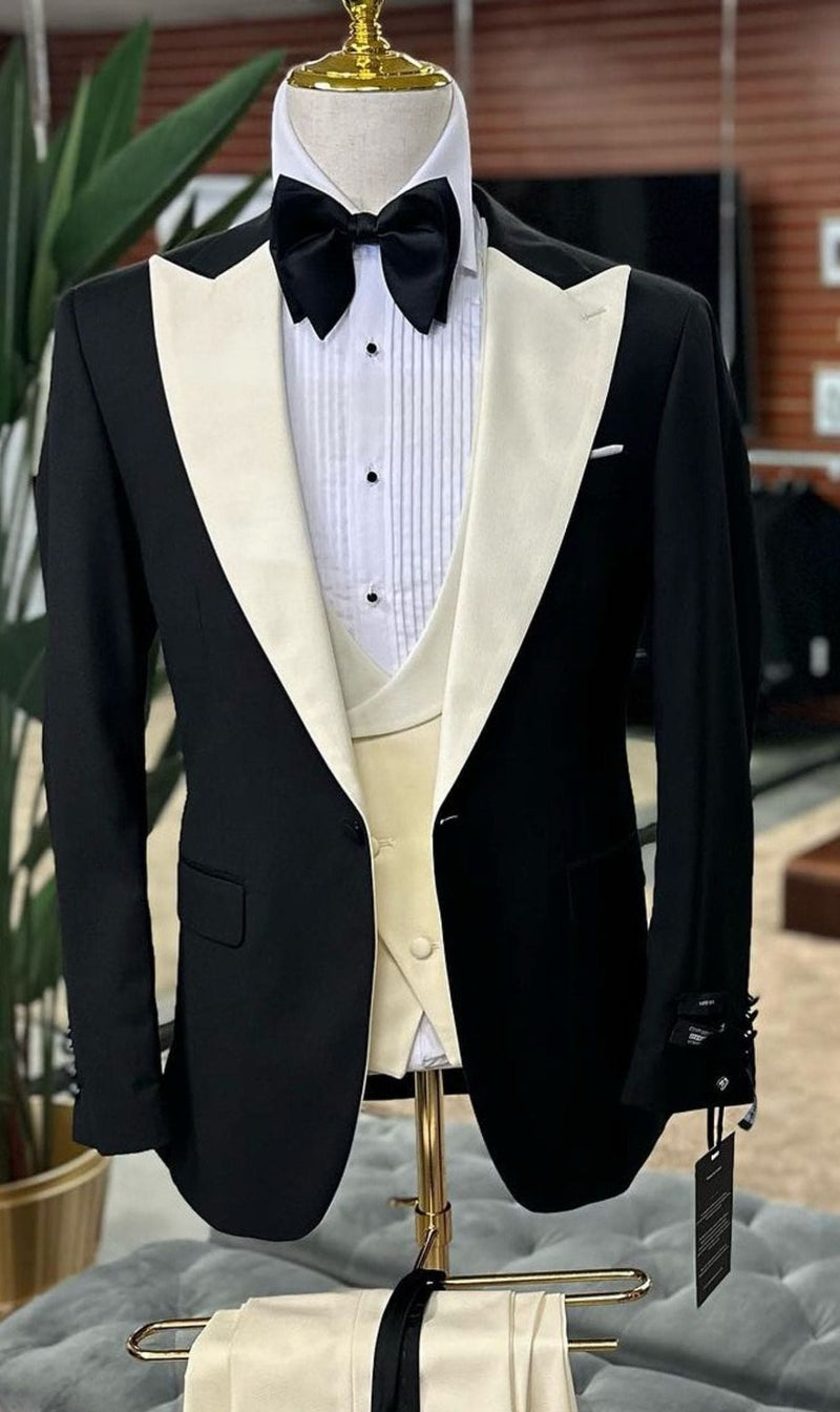 Mens Black and Ivory Tuxedo with Wide Shawl Lapel â€“ 3 Piece Black and off White Lapel ! Vested Suit
