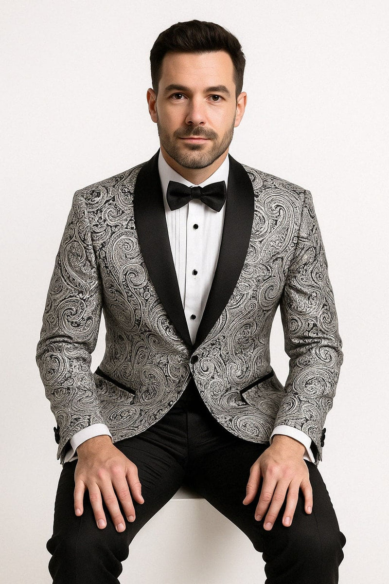 Mens Black and Silver Paisley Tuxedo with Satin Lapel and Bow Tie â€“ Formal Party Suit