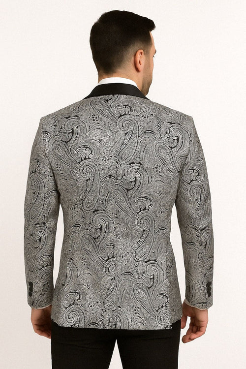 Mens Black and Silver Paisley Tuxedo with Satin Lapel and Bow Tie â€“ Formal Party Suit