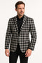 Alberto Nardoni men's black & white plaid blazer. Tailored fit, structured shape with classic black/white squares. Features two-button closure, notched lapels, and side pockets. Worn with a contrasting black shirt.
