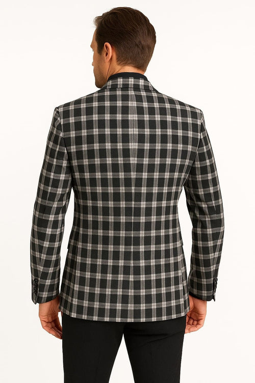 Alberto Nardoni men's black & white plaid blazer. Structured fit, notched collar, woven fabric, tailored sleeves with cuff buttons, and a single back vent for enhanced movement.
