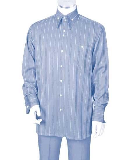 Men's Crisp Multi Stripe 2 Piece Long Sleeve Blue Casual Two Piece Walking Outfit For Sale Pant Sets Suit