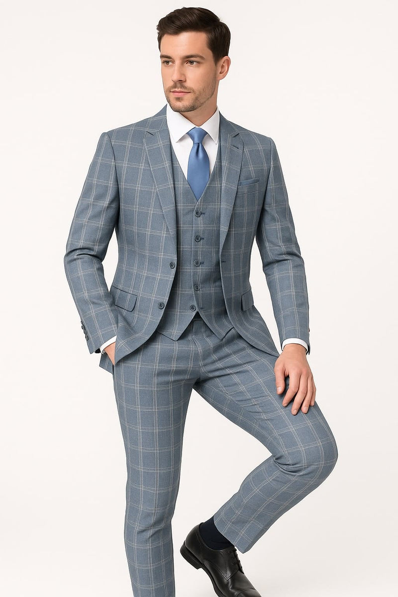 Mens Blue Windowpane Checkered Slim Fit Suit â€“ 3 Piece Stretch Business Suit