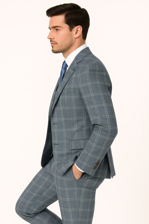 Mens Blue Windowpane Checkered Slim Fit Suit â€“ 3 Piece Stretch Business Suit