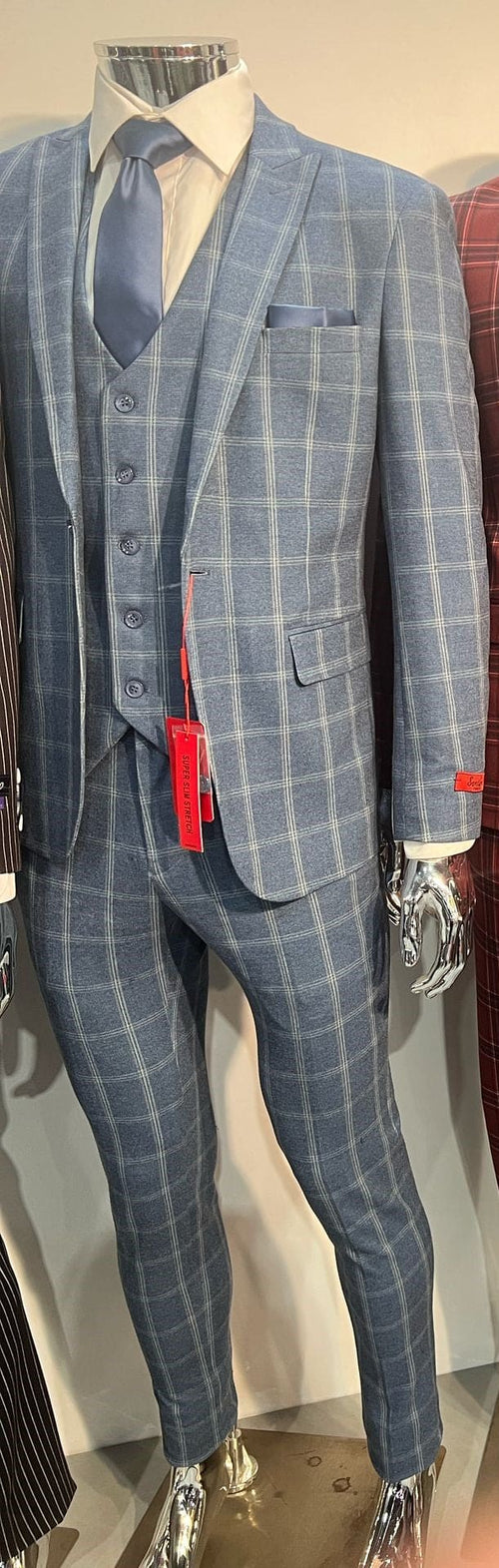 Mens Blue Windowpane Checkered Slim Fit Suit â€“ 3 Piece Stretch Business Suit