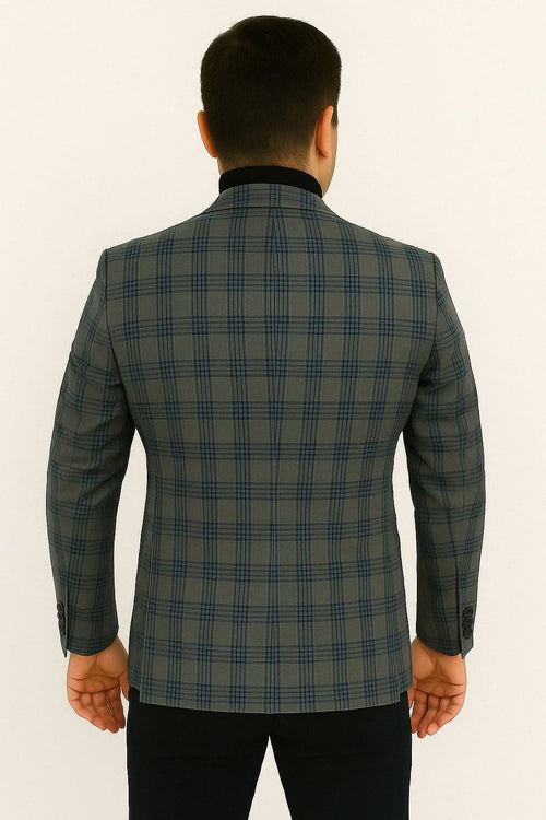 Blue & grey windowpane plaid men's blazer. Tailored fit, structured shoulders, notch lapel. Smooth woven fabric. Sleek back, fitted cut, button sleeves, and back vent.
