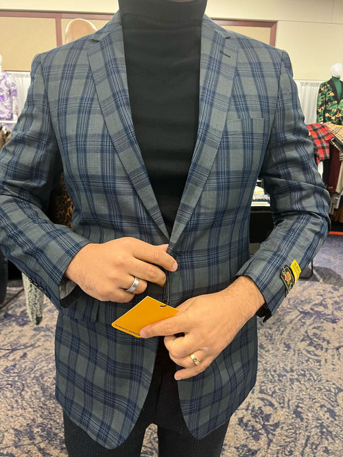 Alberto Nardoni men's blazer: tailored fit, blue/grey windowpane plaid. Single-button closure, long sleeves, notched lapel, chest pocket. Lightweight fabric, subtle sheen. Contrasting cuff labels.
