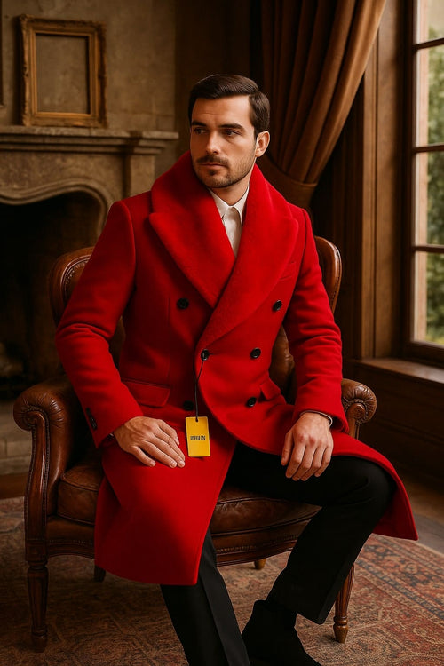 Mens Double Breasted Red Overcoat with Bold Red Faux Fur Collar â€“ Alberto Nardoni Luxury Winter Coat