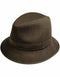 Brown men's bucket hat with a rounded, teardrop-shaped crown and wide brim. Made of smooth, woven brown fabric. Features a coordinating band at the base. No patterns or embellishments.
